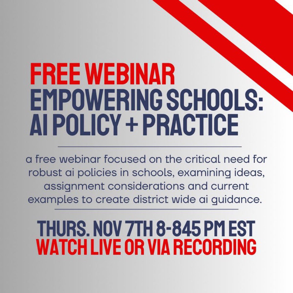 🚨LAST CALL!🚨

⭐️FREE WEBINAR TOMORROW⭐️

Sign up to join live or receive a recording afterward. 

Empowering Schools: AI Policy + Practice

NOV. 7th 8-845pm EST

Please join me for this important conversation as we take a look at:

•what ai is/is not
•ideas regarding