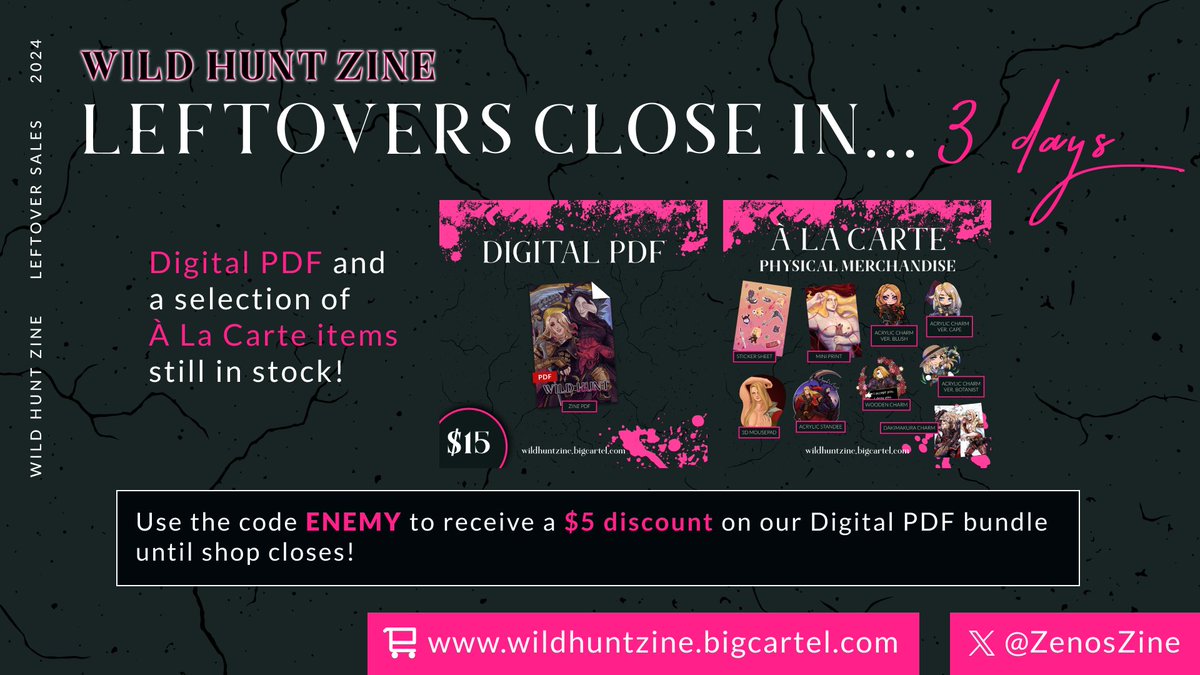 🩸 LEFTOVER SALES CLOSE IN 3 DAYS🩸
There’s only three days left to get your hands on this Zenos-filled zine!

Use the code ENEMY to receive a $5 discount on our Digital PDF bundle to view illustrations and written works about Zenos in all of his glory~

Discount Code:
ENEMY
