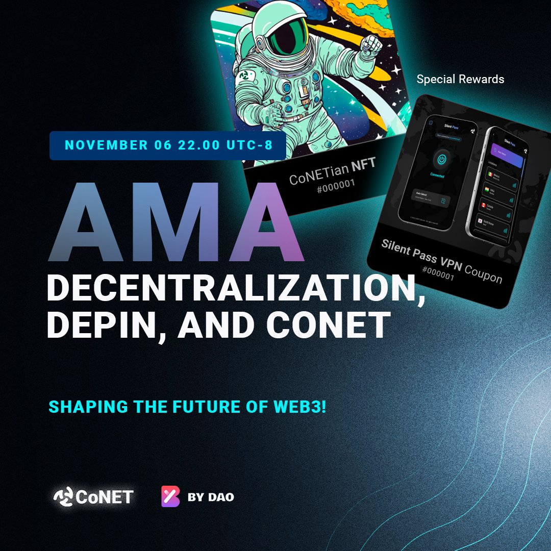 CoNET_Network's tweet photo. 📢 Big things are happening today, and we’re excited to ride the wave! 
With major events unfolding globally and the crypto market pumping, it’s clear that demand for privacy and decentralized tech is on the rise! 🚀

CoNET is moving forward to meet this moment with exciting next steps—we start joining an exclusive AMA hosted by @bydao_cn ! 
Join us as we dive into CoNET’s vision for a decentralized internet and how privacy is becoming more critical than ever.

🎁 Special Rewards for Participants 🎁
By joining and following the AMA, you’ll have a chance to win:

 • 2 CoNETian NFTs
 • 3 Silent Pass VPN coupons

📍 Link: https://t.co/vcNNkdP11F

Don’t miss out on this pivotal conversation on privacy, decentralization, and the future of Web3! 🌐
#CoNET #DePIN #CryptoPump #Decentralization  #PrivacyMatters  #Web3 #Bitcoin