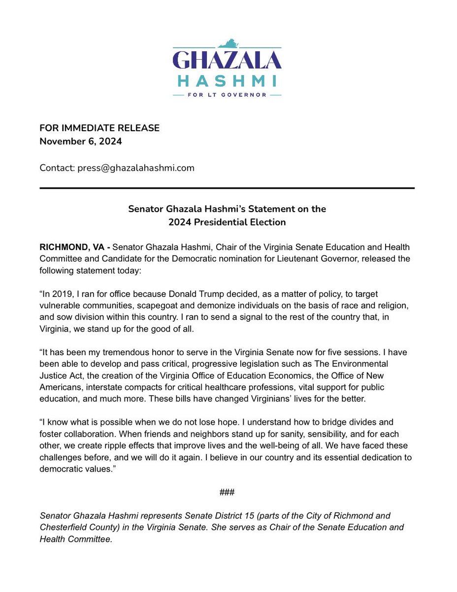 ltgovhashmi's tweet photo. My statement on the 2024 presidential election: https://t.co/ykoZfsTDKa