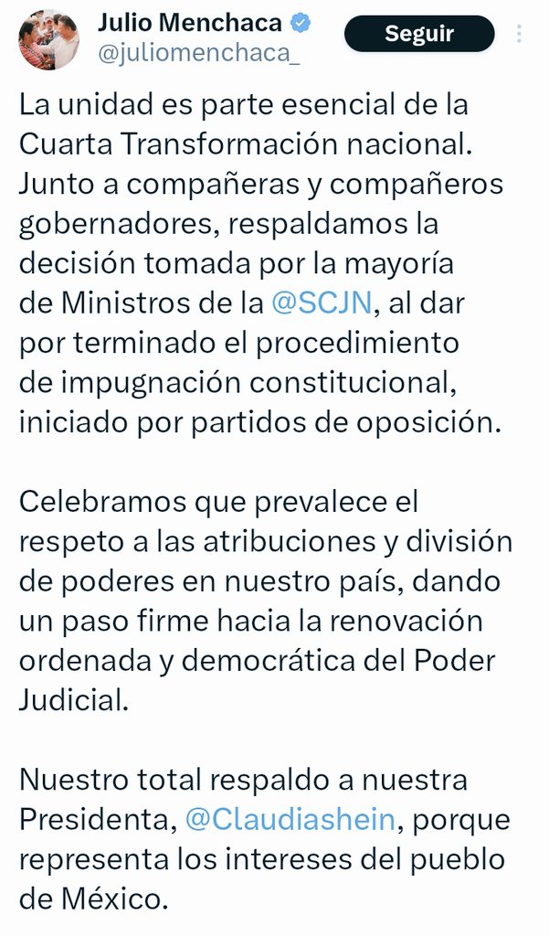 EmmaCalzada3's tweet image. ¡La #4T otra vez da ejemplo de UNIDAD y CONGRUENCIA! 👏👏 Tanto Julio Menchaca como otros gobernadores  y @Claudiashein, están trabajando por un México donde la justicia sea y por para el pueblo, como siempre debió ser. 👊👊
#ReformaAlPoderJudicialVa