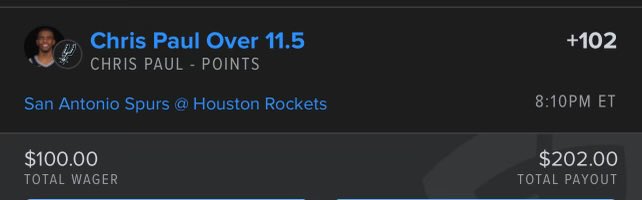 GradS38528's tweet photo. *******PICK OF THE DAY*******

Chris Paul over 11.5 🔒 

+102 on fanduel https://t.co/lEbsmoZhBA