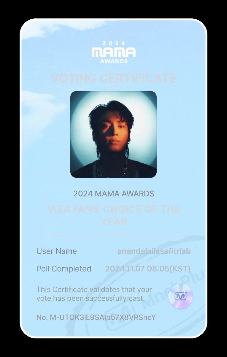 mnials9700's tweet photo. I voted #JUNGKOOK at #MAMAVOTE2024 https://t.co/l6CPrCr9fb