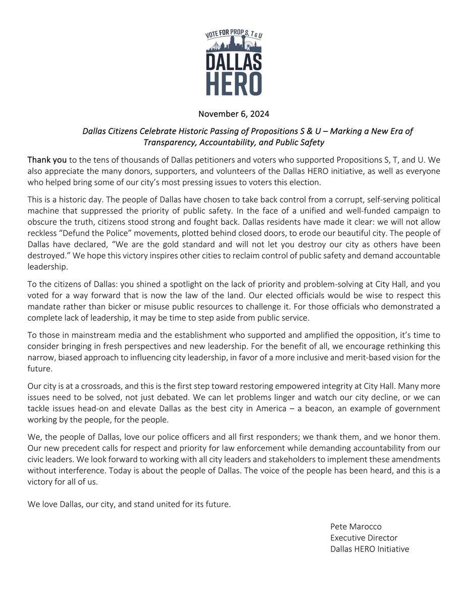 dallas_hero_'s tweet photo. Victory for the people of #Dallas! 🎉
Read the official #DallasHERO statement on the historic passage of Propositions S & U, marking a new era of accountability, transparency, and public safety for our city. https://t.co/TRLRxHUsou
