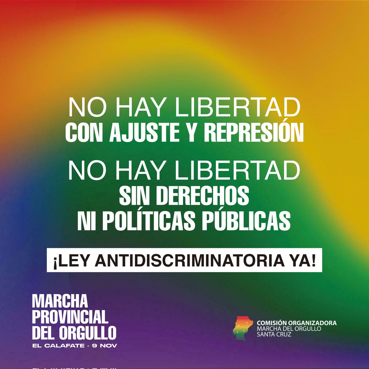 SCDiversidad's tweet photo. 🏳️‍🌈iNOS VEMOS EL SABADO EN EL CALAFATE!🏳️‍⚧️

Te esperamos el 9 de noviembre desde las 16:30 Hs. para seguir copando las calles en esta Novena Marcha Provincial del Orgullo de  Santa Cruz.

#Orgullo2024 #Diversidad #Orgullo #pride #elcalafatetierradeglaciares https://t.co/SifthxpQpl