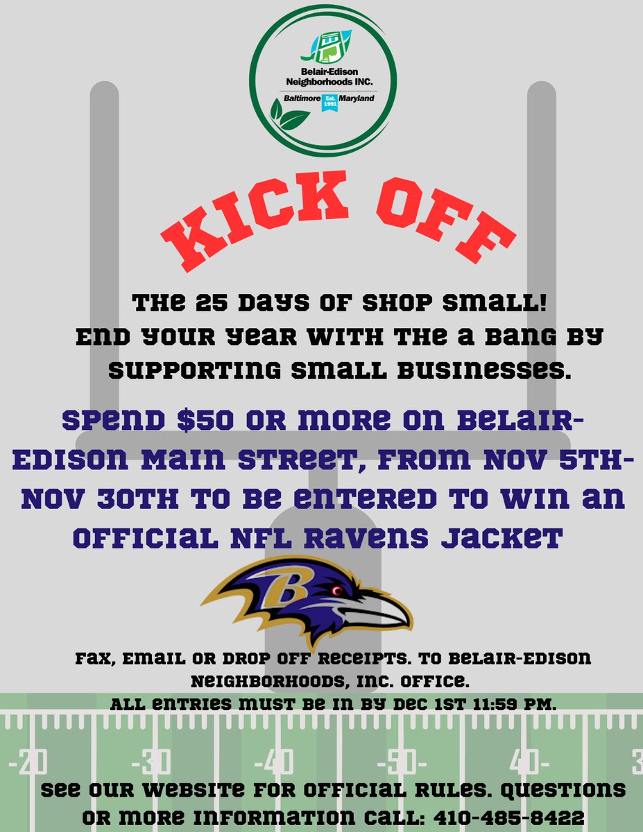 Enter raffle for a chance to win Ravens Jacket, when you shop on our Belair-Edison Main Street all November in celebration of the 15th Small Business Saturday! See Official Rules on our website belair-edison.org/small-business…