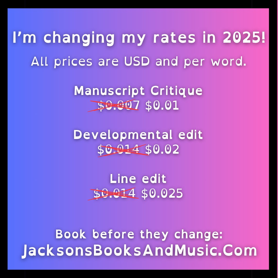 jxbooksandmusic's tweet image. Book before January for any open slots in the new year to get my current rates!

#bookediting