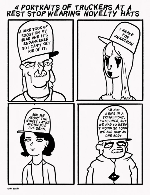 Four Portraits of Truckers at a Rest Stop Wearing Novelty Hats 