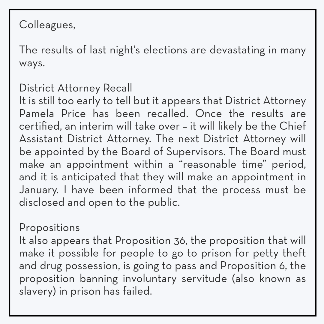 BrendonWoodsPD's tweet image. This is the message I sent my staff this morning. We stand together in the fight for liberation and justice, no matter the challenges ahead. #EndMassIncarceration #CareNotCages #BattleReady