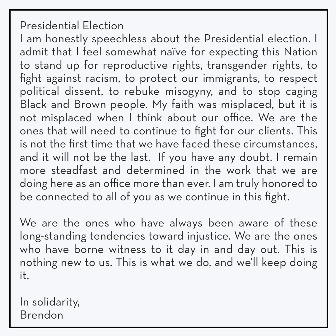BrendonWoodsPD's tweet image. This is the message I sent my staff this morning. We stand together in the fight for liberation and justice, no matter the challenges ahead. #EndMassIncarceration #CareNotCages #BattleReady