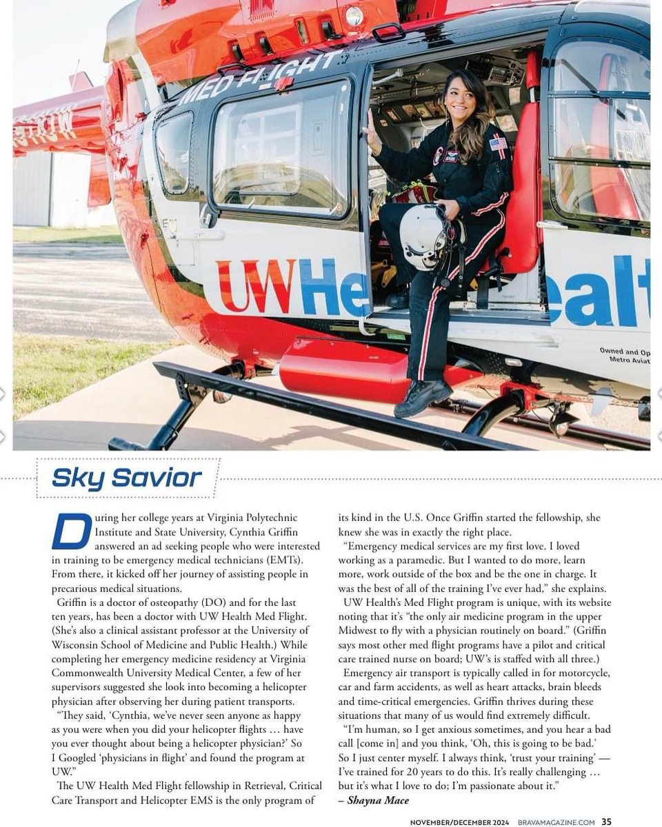 Fantastic article featuring one of our <a href="/UWMedFlight/">UW Health Med Flight</a> physicians - Dr. Cynthia Griffin!  <a href="/bravamagazine/">BRAVA Magazine</a> <a href="/UWEmerMed/">Univ. of Wisconsin Emergency Medicine</a> <a href="/MadtownEM/">Univ. of Wisconsin EM Residency</a> <a href="/AMPAdocs/">AMPA</a> <a href="/FOAMfrat/">FOAMfrat</a> <a href="/UWHealth/">UW Health</a>