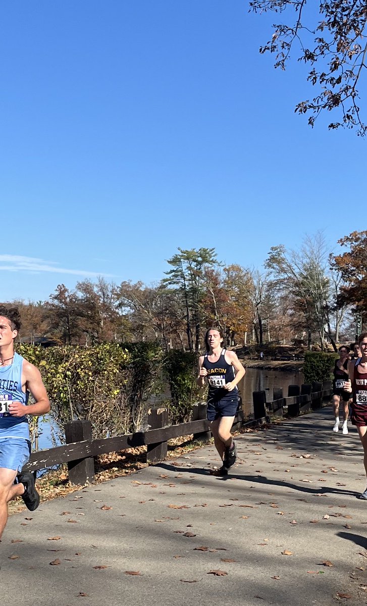BeaconVarXC's tweet photo. Shoutout to our boys who worked hard all season and left everything on the course today at sectionals. Caellum Tripaldi finished in 21st (2nd freshman to cross the line!), followed by Travis Dickston (23), Rudy Vergolina (43), Elias Smith (45), and Wenang Kobarsih (59). https://t.co/fZVg3WfU7V