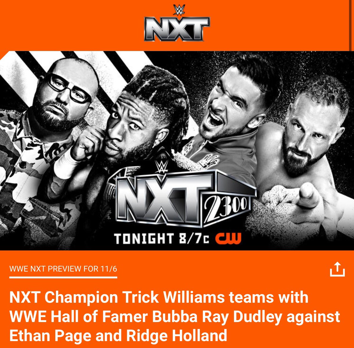 WWEMatChat's tweet photo. NXT 2300 is gonna be wild tonight, with ECW legend Bubba Ray Dudley in action!

#WWE #NXT #ECW https://t.co/zbLXFSwgJi