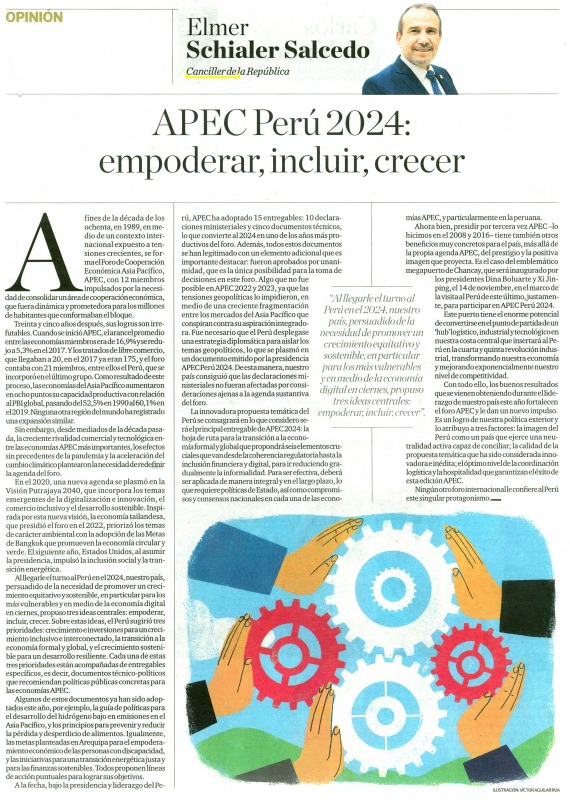 ✍️| Compartimos la columna del canciller Elmer Schialer Salcedo publicada en el diario El Comercio con el título "APEC Perú 2024: Empoderar, Incluir, Crecer": shorturl.at/dq9tr.