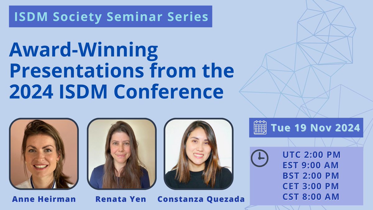 International Shared Decision Making Society (@isdmsociety) on Twitter photo Remember to sign up for our upcoming seminar presented by award-winning presenters from our 2024 ISDM conference! Anne Heirman, <a href="/renatayen/">Renata West Yen</a> and Constanza Quezada will present across three #SharedDecisionMaking topics.
19th Nov 2:00 PM UTC
Register here: tinyurl.com/msymyhvj Remember to sign up for our upcoming seminar presented by award-winning presenters from our 2024 ISDM conference! Anne Heirman, <a href="/renatayen/">Renata West Yen</a> and Constanza Quezada will present across three #SharedDecisionMaking topics.
19th Nov 2:00 PM UTC
Register here: tinyurl.com/msymyhvj