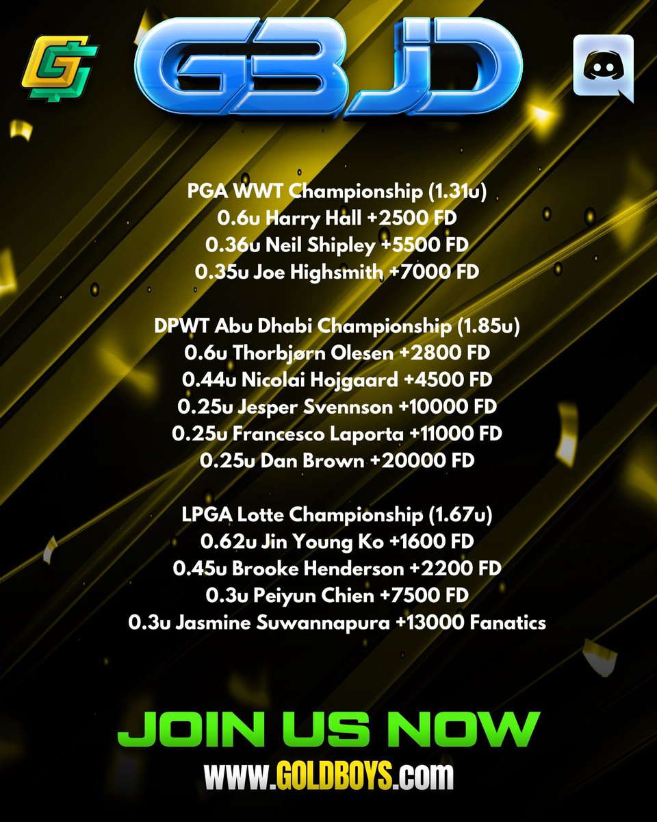 TerrordactylGB's tweet photo. Here’s the https://t.co/5Y4Z87EjW4 Golf Outright Tips covering the LPGA, PGA, and DP World Tour. Double winners last week brings the season total to 19 and ALL of them were posted here pre-tournament. Join the Discord today to get the early lines, round plays, Nascar picks, and access to our expert team of handicappers covering all sports and betting styles. Good luck everyone 🍻