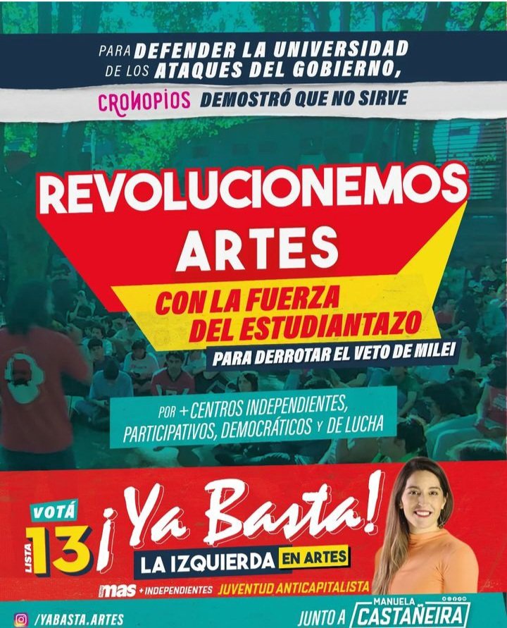 ChinoHeberling's tweet photo. 💥 REVOLUCIONEMOS ARTES CON LA FUERZA DEL ESTUDIANTAZO PARA DERROTAR EL VETO DE MILEI 

VOTA LA LISTA 13 DEL YA BASTA! 
LA JUVENTUD ANTICAPITALISTA DEL NUEVO MAS 

LA IZQUIERDA QUE NO TRANSA CON LOS K 

#YaBasta #Lista13 #NuevoMas #UNLP https://t.co/8Rfw3xX4sy