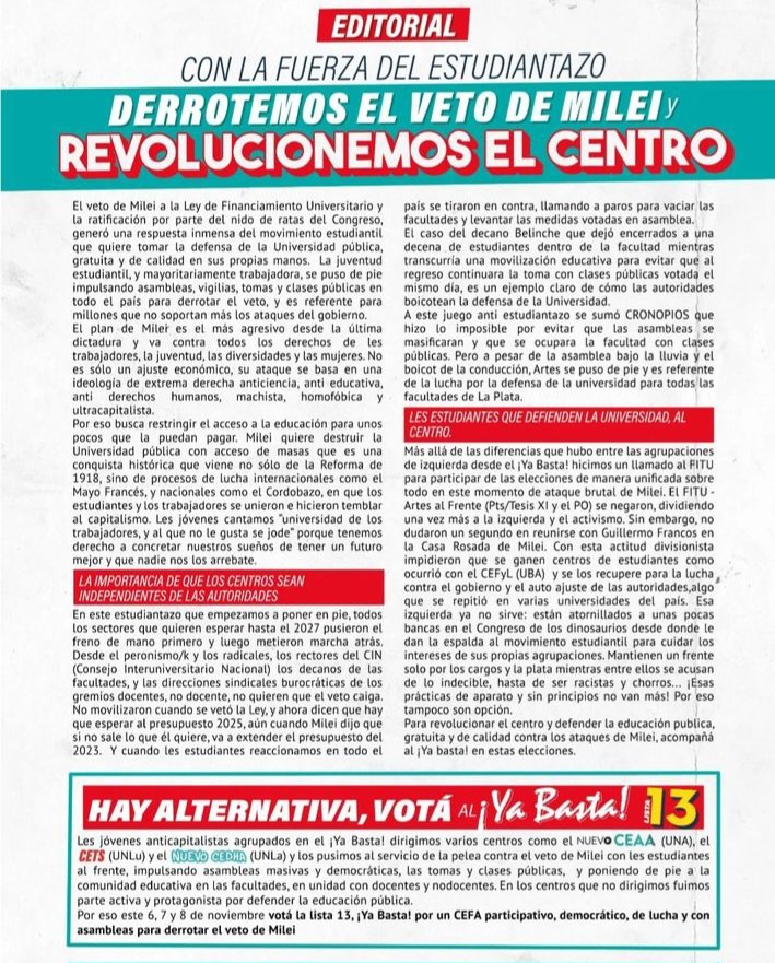 ChinoHeberling's tweet photo. 💥 REVOLUCIONEMOS ARTES CON LA FUERZA DEL ESTUDIANTAZO PARA DERROTAR EL VETO DE MILEI 

VOTA LA LISTA 13 DEL YA BASTA! 
LA JUVENTUD ANTICAPITALISTA DEL NUEVO MAS 

LA IZQUIERDA QUE NO TRANSA CON LOS K 

#YaBasta #Lista13 #NuevoMas #UNLP https://t.co/8Rfw3xX4sy