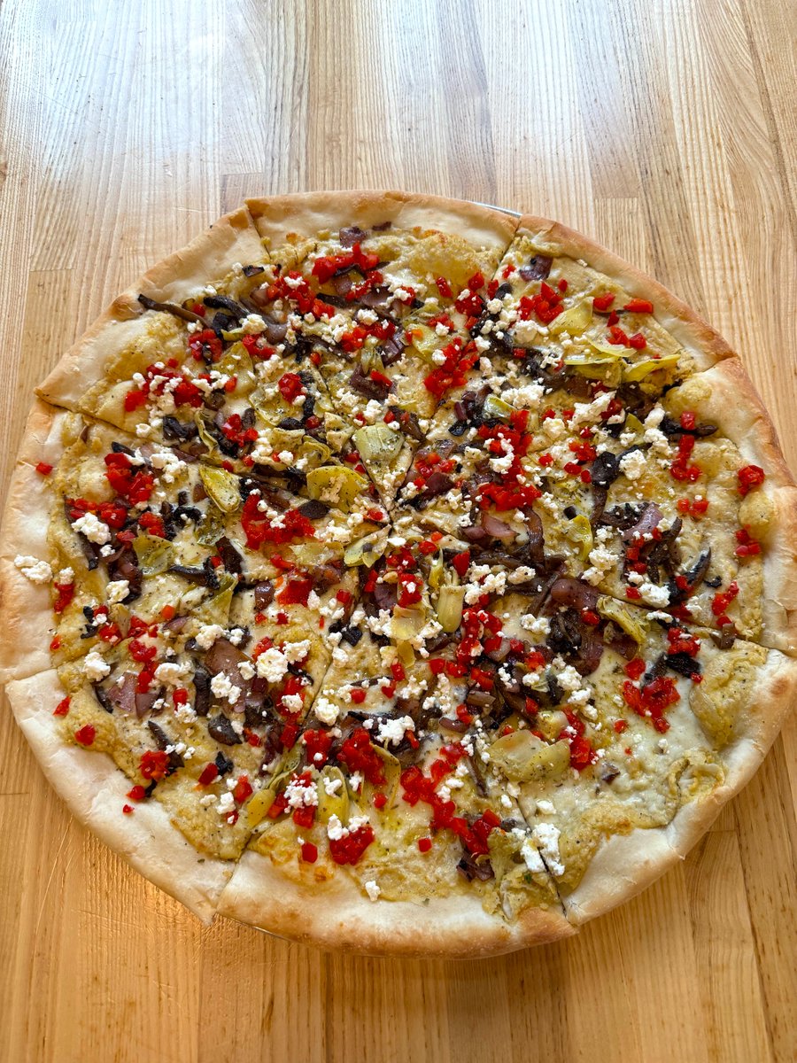 Say 'namaste' to hunger with the Ⓗⓤⓝⓖⓡⓨ Ⓗⓤⓝⓖⓡⓨ Ⓗⓘⓟⓟⓨ—a slice of peace, love, and deliciousness!

Come feed your inner yogi: Hummus base, mozzarella, portobellos, balsamic onions, artichokes, roasted red peppers, feta, oil, and seasonings