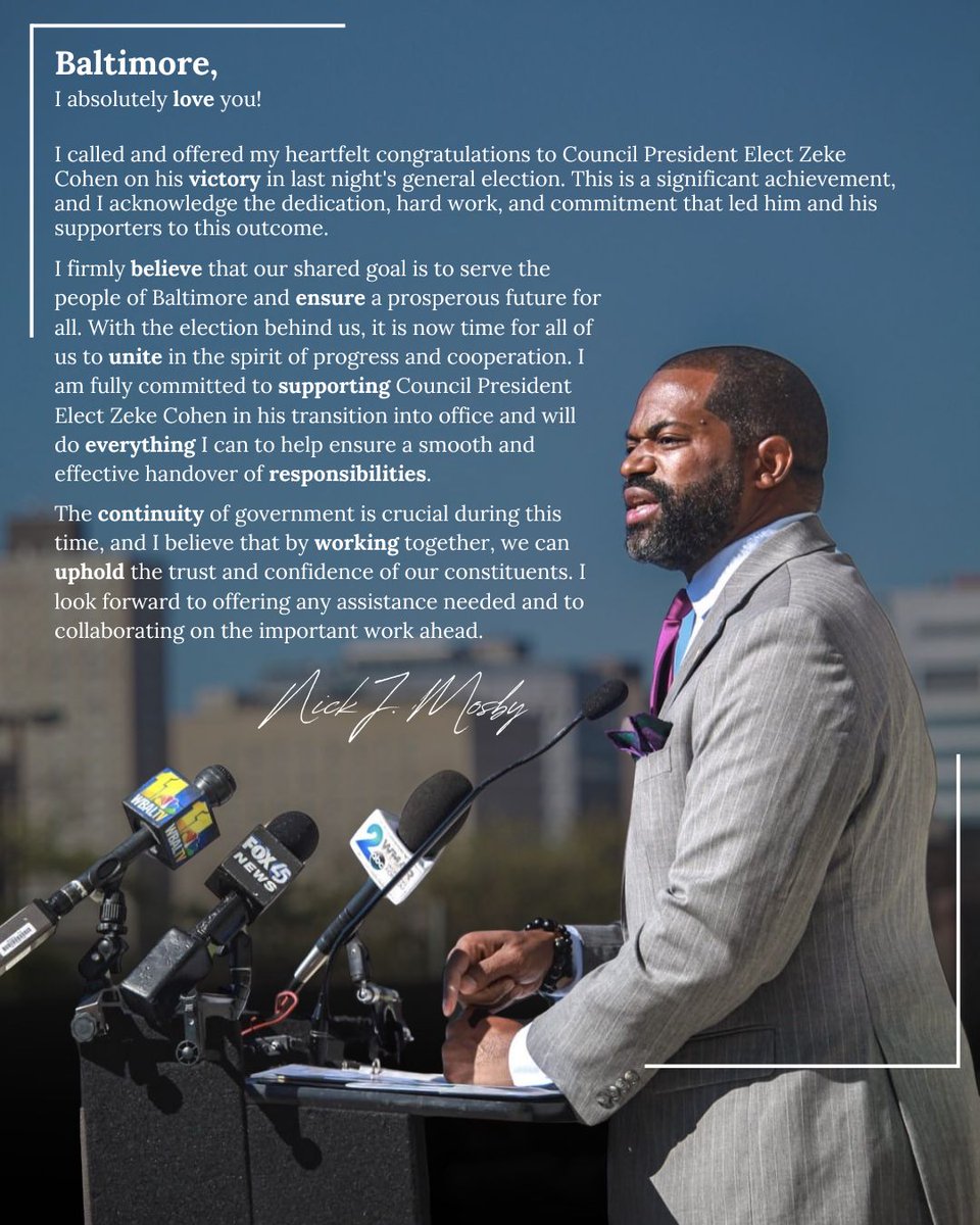 Nick J. Mosby (@nick_mosby) on Twitter photo This morning, I called and offered my heartfelt congratulations to Council President-Elect <a href="/Zeke_Cohen/">Zeke Cohen</a> on his victory. I look forward to offering any assistance needed during his the transition and to collaborating on the important work ahead. This morning, I called and offered my heartfelt congratulations to Council President-Elect <a href="/Zeke_Cohen/">Zeke Cohen</a> on his victory. I look forward to offering any assistance needed during his the transition and to collaborating on the important work ahead.