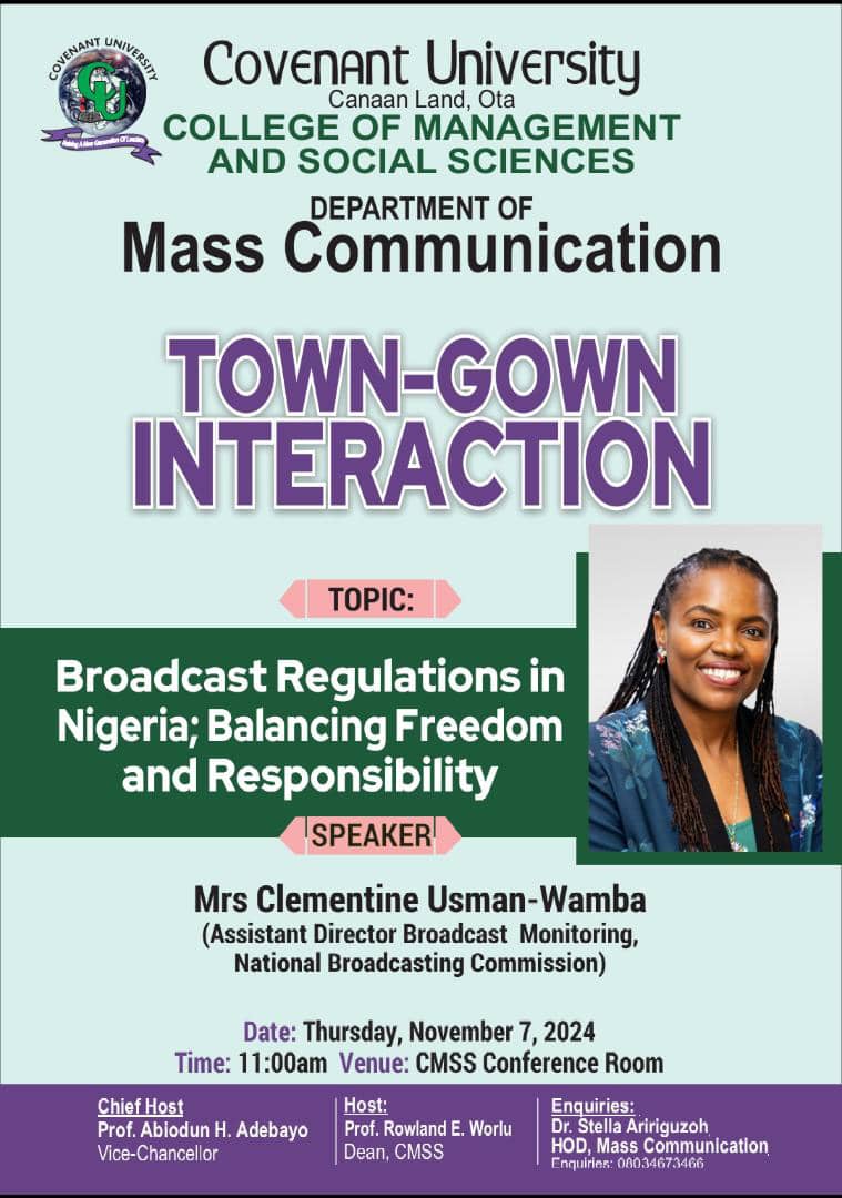 Cleusmanwamba's tweet photo. Later today, I will be the speaker  at the Covenant University, Town and Gown Seminar of the Department of Mass Communication, College of Management and Social Sciences. 
I feel honoured at this opportunity to impact the upcoming generation of media professionals. https://t.co/da77hvRDTq