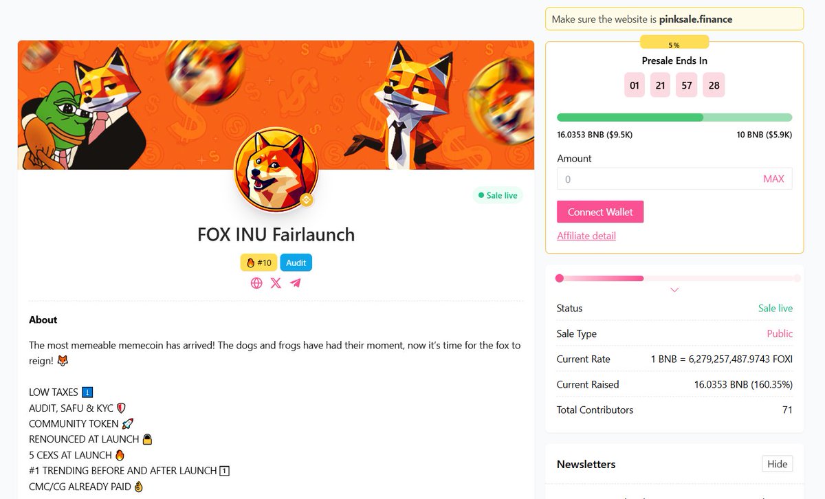 CoinsultAudits's tweet image. 🚀 THE PRESALE OF FOX INU IS LIVE ON PINKSALE

🎁 GIVEAWAY: $100 

1⃣ Follow @FoxInuCoin &amp;amp; @CoinsultAudits 
2⃣ Like, RT and place a comment 💬
3⃣ Go check out the FOX INU fairlaunch 👇
pinksale.finance/launchpad/bsc/…

Are you joining the FOX INU hype!? @elonmusk @cz_binance 

#giveaway…