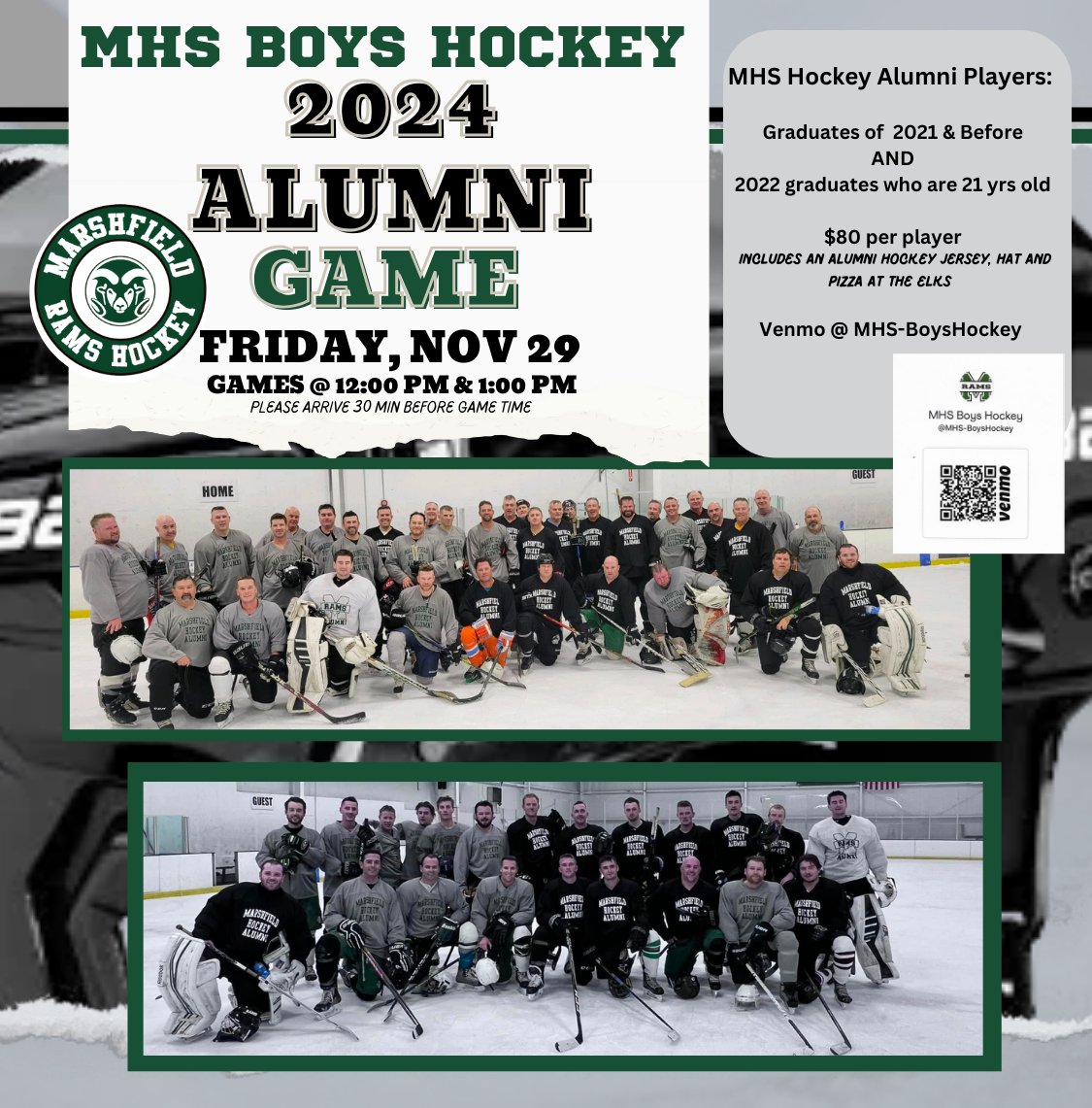 MHSHockey1's tweet photo. Is this year your year??  MHS Boys Hockey ALUMNI GAME registration is Open!  Graduates from 2021 and before and 2022 Graduates Age 21+ are eligible to play! Games at The Bog 11/29 12pm and 1pm! 
Register via  https://t.co/3TjNJGdcS0...
Pay via Venmo @MHS-BoysHockey
See you there! https://t.co/IMyIiRjfuw