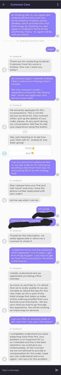 jonzey231's tweet photo. @Grubhub I placed an order for 2 combo meals and paid $37.00. Only 1 combo arrived so I was refunded $10.61 for 1 of them. 

Placed a new order for the missing food for  $22.00

Attached is my chat with support to get the additional fees refunded on the 2nd order. Please assist. https://t.co/uLg847OFYk