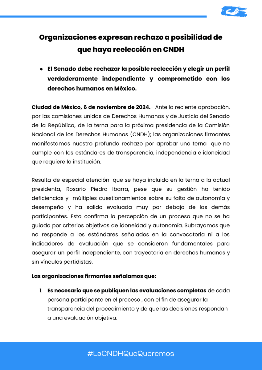 LuisCardenasMx's tweet photo. 🚨#ALERTA | ¡Organizaciones RECHAZAN la reelección de Rosario Piedra en la CNDH! 😱🛑 Diversos grupos de derechos humanos instan al Senado a elegir un perfil independiente 💥. Exigen que se publiquen las evaluaciones de cada candidato, señalando la falta de transparencia en el proceso 🗳️⚖️. ¡La CNDH necesita liderazgo sin vínculos políticos! 🔍💬🇲🇽 #Justicia @Juan_OrtizMX