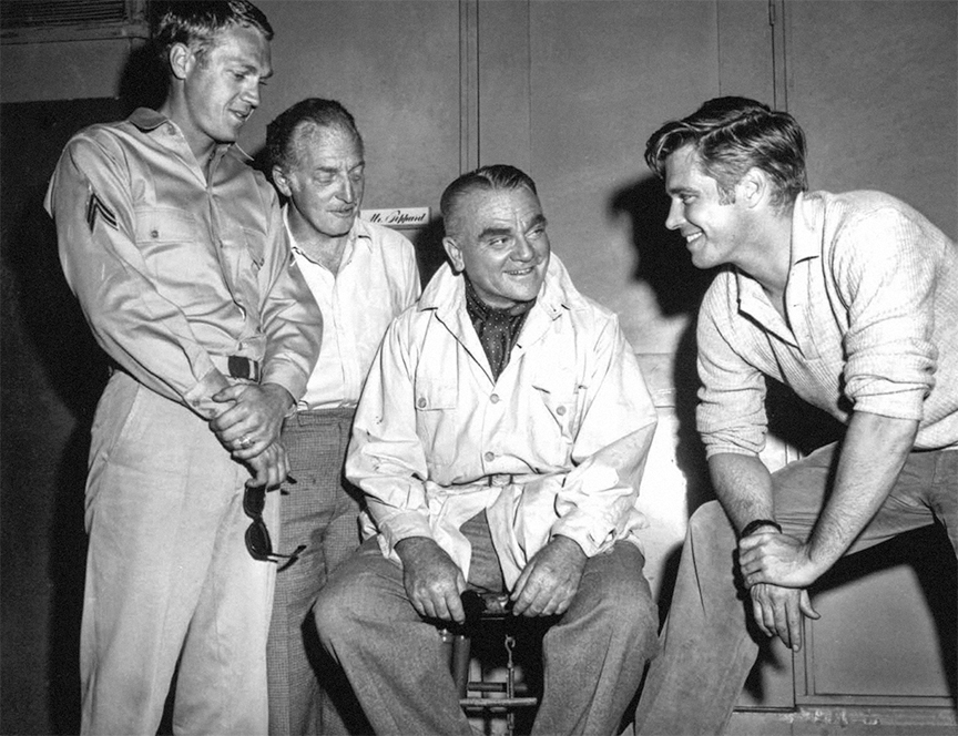 Steve McQueen with George Peppard visiting movie legend James Cagney on the MGM lot. Cagney, along with icons like John Wayne, Humphrey Bogart, and Gary Cooper, was one of McQueen’s screen idols #SteveMcQueen #JamesCagney