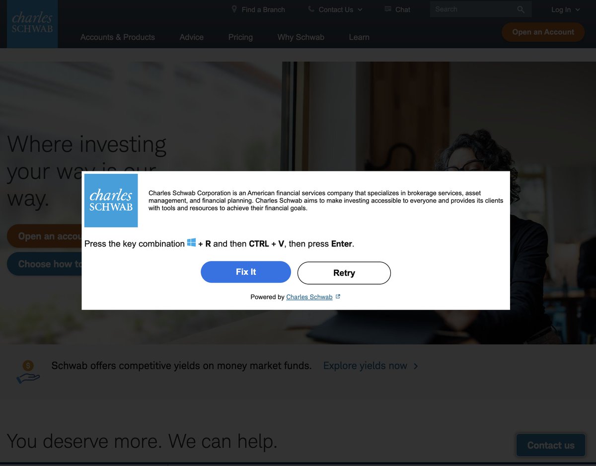 Malware <a href="/CharlesSchwab/">Charles Schwab Corp</a> modal with powershell copypasta method 🍝

/schwabla.com
/172.86.75.215/1.e
tria.ge/241107-agbfxs1…

c2 /todaytinhyt.shop