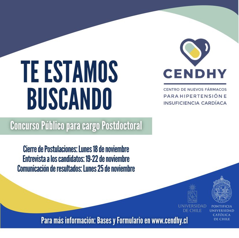 CendhyCentro's tweet photo. 🚨 Oferta Laboral

El Centro de Nuevos Fármacos para Hipertensión e Insuficiencia Cardiaca (CENDHY) y en el contexto del Proyecto Anillo ACT240058, llama a concurso público para proveer una posición postdoctoral de jornada completa.

Más información aquí:

https://t.co/y8ehYNnvJe https://t.co/YfIMG6qFDv
