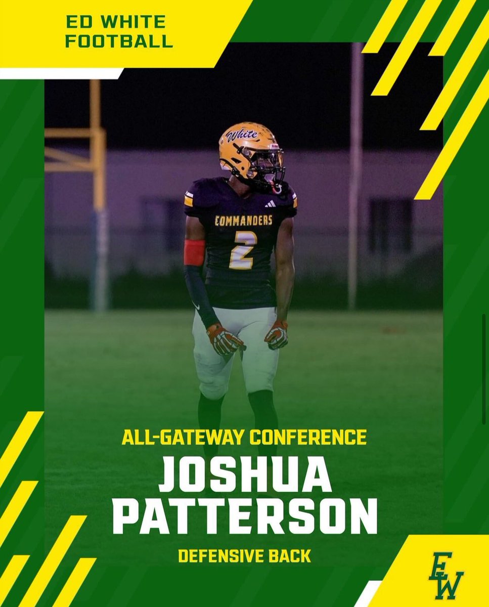 Ed White Football (@edwhitefootball) on Twitter photo Congratulations to <a href="/JoshuaP5LYFE/">Joshua Patterson</a> for being selected as an All Gateway Conference player. #CommanderPride #ToTheMoon Congratulations to <a href="/JoshuaP5LYFE/">Joshua Patterson</a> for being selected as an All Gateway Conference player. #CommanderPride #ToTheMoon