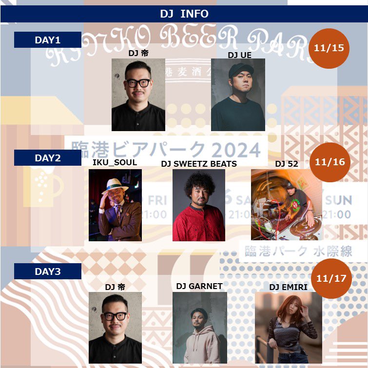 今年のDJラインナップ発表🎧🎵

11月15日(金) DJ 帝、DJ UE
11月16日(土) IKU_SOUL、DJ SWEETZ BEATS、DJ 52
11月17日(日) DJ 帝、DJ GARNET、DJ EMIRI

#臨港ビアパーク #みなとみらい #ビアガーデン #Live横浜 #パシフィコ横浜 #臨港パーク