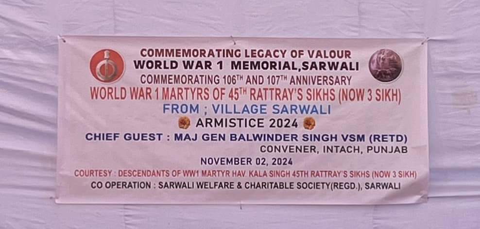 Bhattihsingh's tweet photo. Rememb'g #WW1 Bravehearts of Our village! Our Great Grandfather Hav Kala Singh &amp; Sepoy Hazara Singh; 45th Rattray's Sikhs,(Now 3 Sikh)on 106th n 107th Martyrdom Anniv. Maj Gen Balwinder Singh,VSM(Retd) Convener, INTACH, PB. was Chief Guest. #RemembranceDay
@cwgc 
@ukinChandigarh https://t.co/lHZUArqjqR
