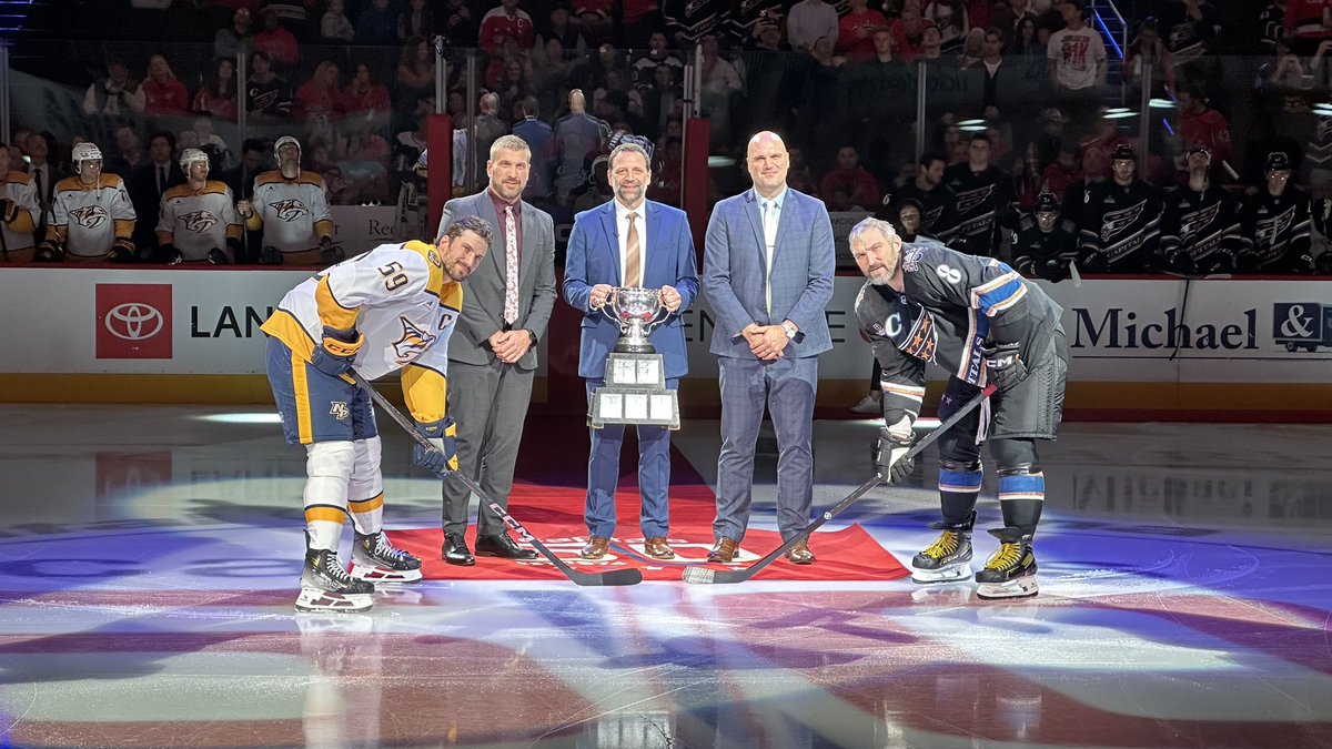 ealbert410's tweet photo. Bryan Helmer, @BootlandNick , &amp; Patrick Weller bring the Cup and drop the puck before the @Capitals game @TheHersheyBears @fox43 @FOX43Sports 

https://t.co/fAU4p6SbkE https://t.co/bk28WeNUQr