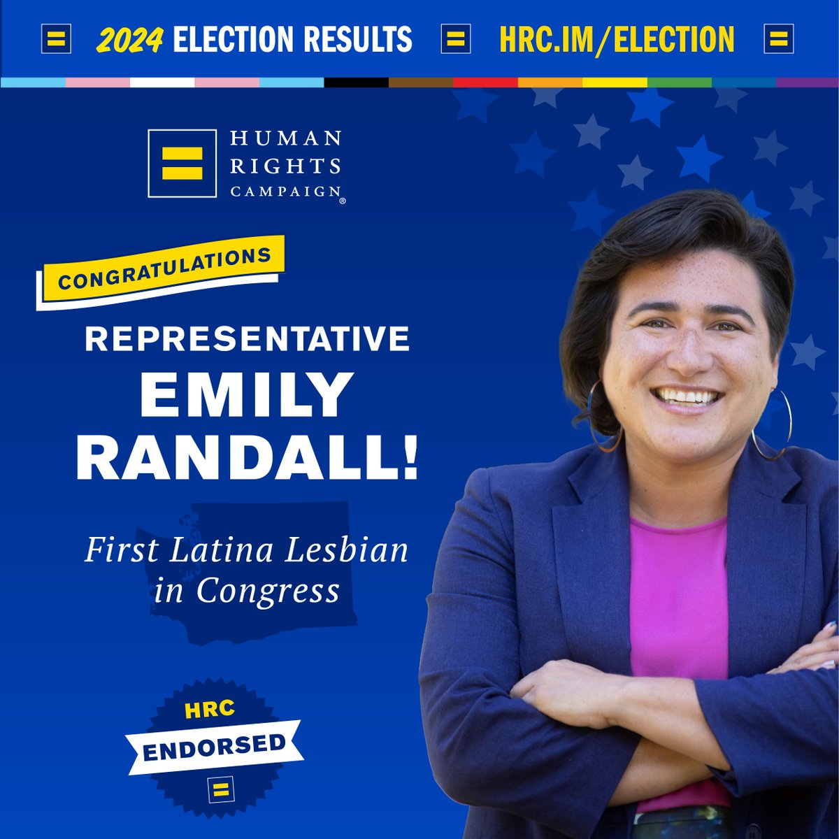 HRC (@hrc) on Twitter photo .<a href="/EmilyRandallWA/">Emily Randall</a> will represent Washington’s 6th congressional district, making history as the first Latina LGBTQ+ woman in Congress.
Congresswoman-elect Randall will protect our freedoms and fight for our safety, privacy, and equality: hrc.im/election .<a href="/EmilyRandallWA/">Emily Randall</a> will represent Washington’s 6th congressional district, making history as the first Latina LGBTQ+ woman in Congress.
Congresswoman-elect Randall will protect our freedoms and fight for our safety, privacy, and equality: hrc.im/election