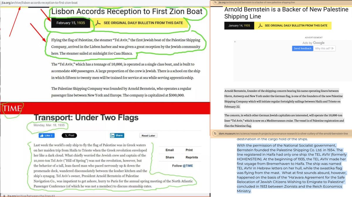 samirjameel1's tweet photo. @Sloppenheimer__ @SamFan71049180 @maxlios @ChiuneSempo @EmmaVigeland Robert..u've missed the INFAMOUS flag switch🔻
=>BOTH JTA & #TimeMag reported that #SSTelAviv was a Palestine-registered ship..that HOISTED Palestine's flag on Feb 15, 1935, in Lisbon & in early March in Greece
=>BUT why did it switch its flag to Swastika on Feb 28 in Genoa? 🔻 https://t.co/lDS3zkmU4t