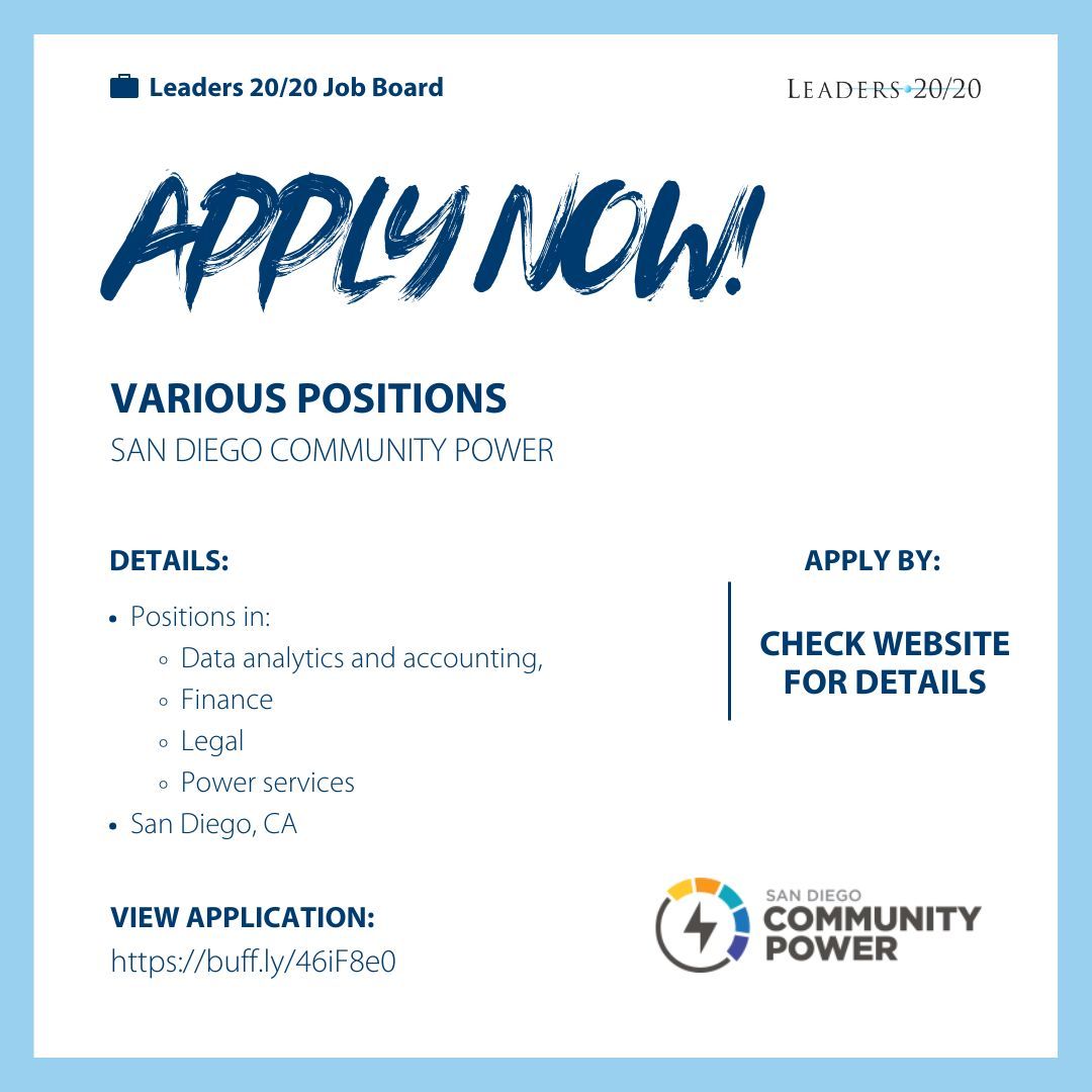 San Diego Community Power is hiring for several positions!

Look on their website for positions in:
Data analytics and accounting
Finance
Legal
Power services

View positions:
buff.ly/46iF8e0