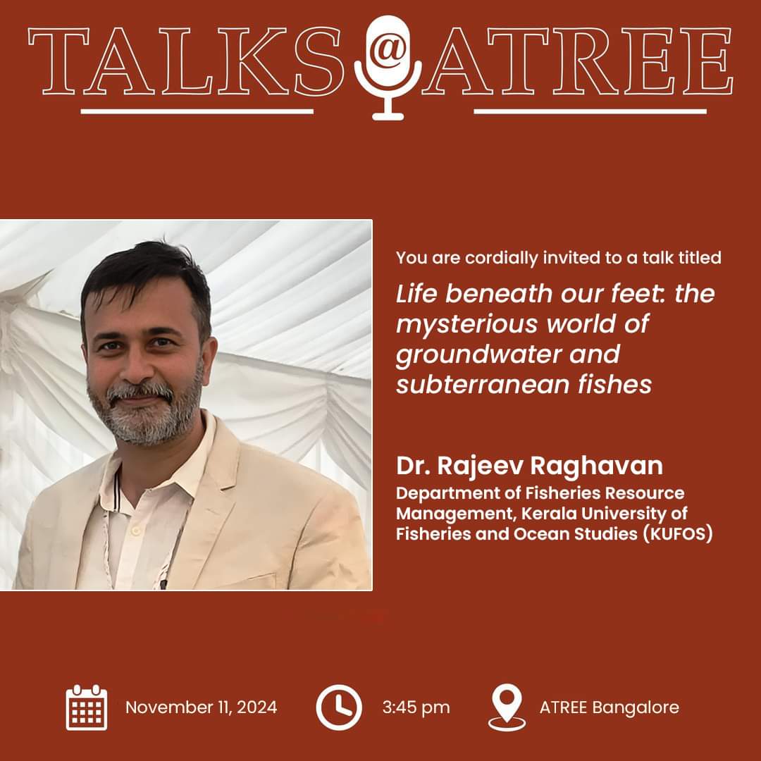 I will be at <a href="/atree_org/">ATREE</a> #Bangalore on Tuesday (11 November) talking about my fave topic: LIFE UNDERGROUND and the bizarre aquatic critters that live in these extreme environments 🐟🐟
<a href="/naaravind/">Aravind Madhyastha</a>

#scicomm #Science
#subterranean #groundwater
#biodiversity #fish #conservation