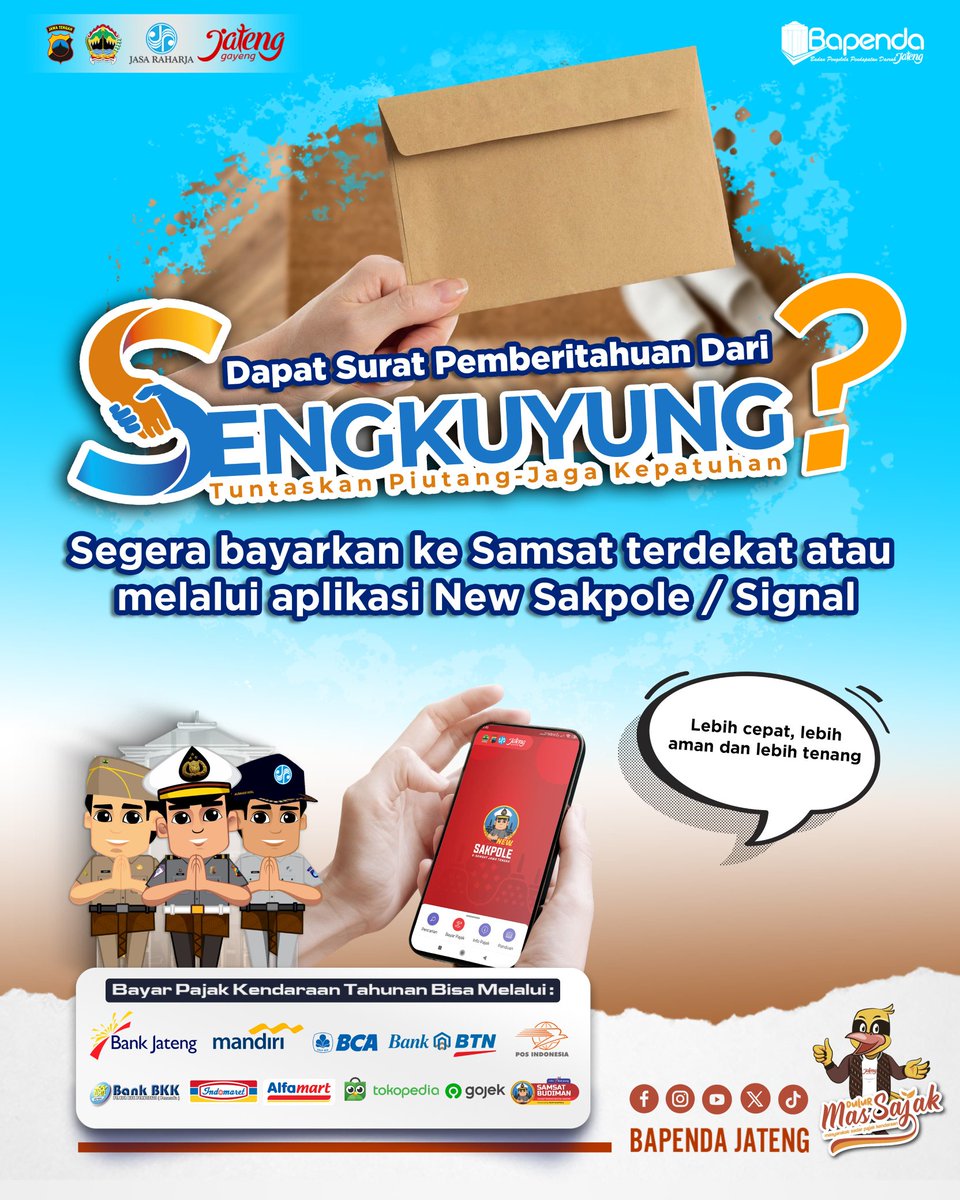 Jika anda mendapatkan Surat Pemberitahuan dari Sengkuyung, jangan khawatir ya dek!

Segera bayarkan piutang pajak anda ke Samsat terdekat atau melalui Aplikasi New Sakpole / Signal!

Pajak kendaraan dapat dibayarkan 30 hari sebelum jatuh tempo..

#MasSajak
#JatengGayeng