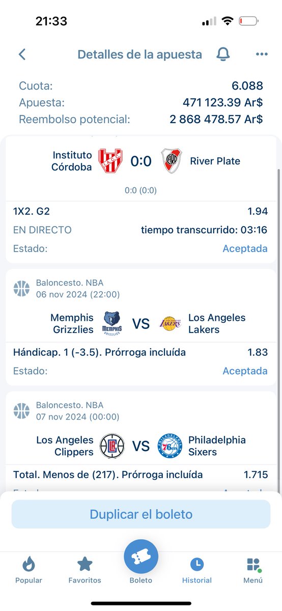 MauroProArg's tweet image. COMBINADOTA EN VIVO 🔥🤑

-Gana River Plate (única competencia)
-Ganan Memphis Grizzlies por 4 o más puntos (no juega Anthony Davis)
-Menos de 217 puntos (sigue afuera Leonard)