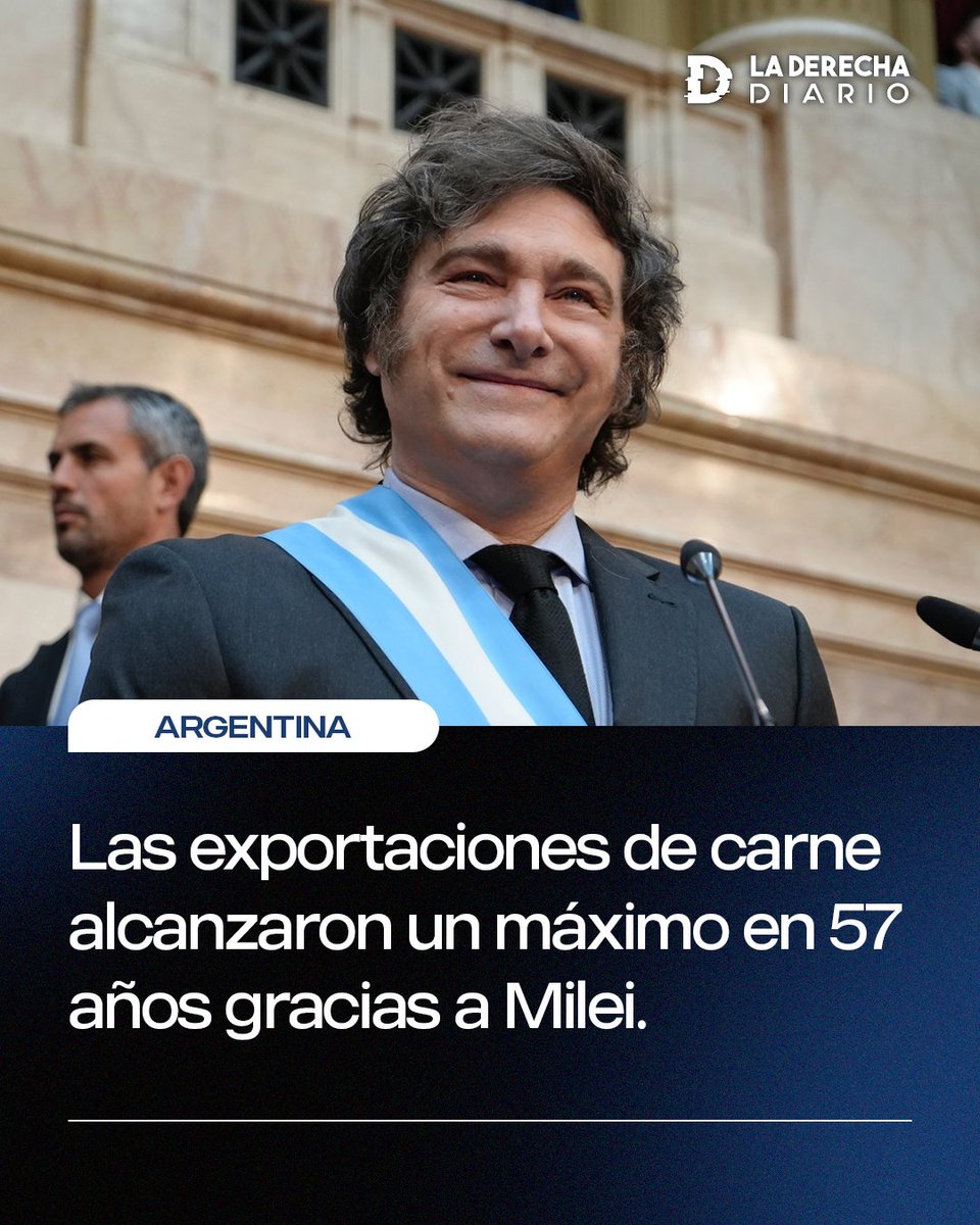 laderechadiario's tweet photo. 🇦🇷🚀 | Argentina se va para arriba: Las exportaciones de carne vacuna acumularon en los primeros nueve meses del presidente Javier Milei un volumen de 699.987 toneladas, equivalentes a U$S 2.122 millones de dólares, el registro más alto de los últimos 57 años. https://t.co/z8frHRlM9Z