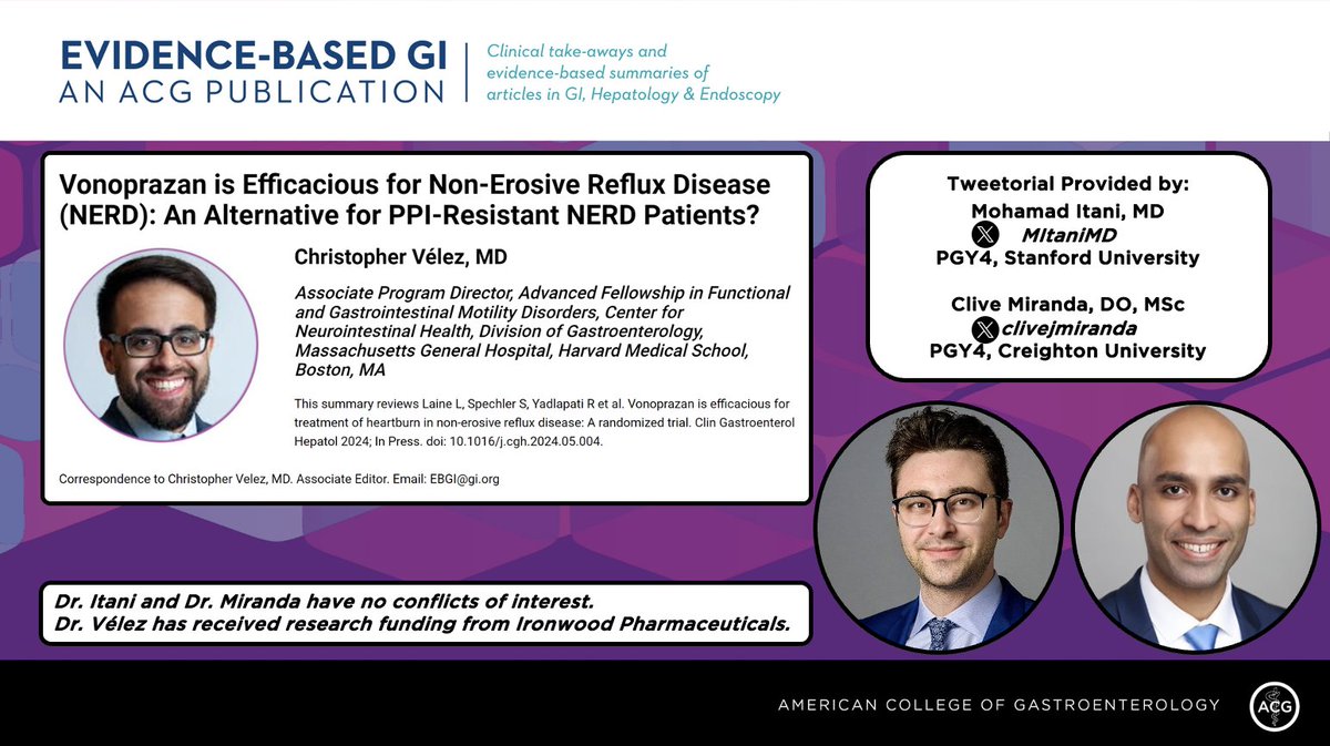 Evidence-Based GI: An ACG Publication (EBGI) (@acg_ebgi) on Twitter photo 1/ ⏰ for #EBGI Tweetorial🧵w/ <a href="/MItaniMD/">Mohamad I. Itani, MD</a> & <a href="/clivejmiranda/">Clive Miranda, DO, MSc</a>!
“Vonoprazan is Efficacious for Non-Erosive Reflux Disease (NERD): An Alternative for PPI-Resistant NERD Patients?”
📜 bit.ly/vonoppi
🎧 bit.ly/vonopod
📰 bit.ly/vonoCGH
#GITwitter 1/ ⏰ for #EBGI Tweetorial🧵w/ <a href="/MItaniMD/">Mohamad I. Itani, MD</a> & <a href="/clivejmiranda/">Clive Miranda, DO, MSc</a>!
“Vonoprazan is Efficacious for Non-Erosive Reflux Disease (NERD): An Alternative for PPI-Resistant NERD Patients?”
📜 bit.ly/vonoppi
🎧 bit.ly/vonopod
📰 bit.ly/vonoCGH
#GITwitter