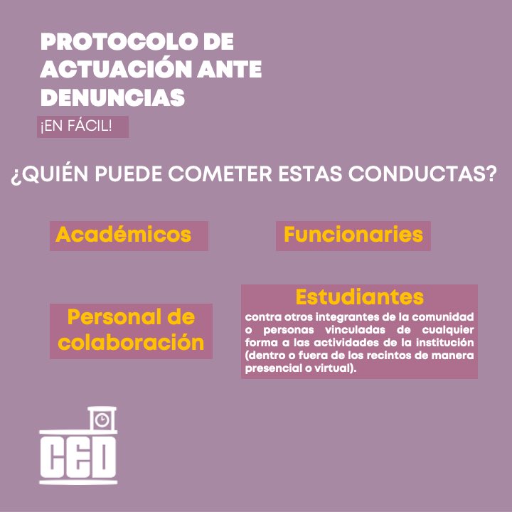 ced_uchile's tweet photo. Protocolo de actuación ante denuncias ¡en fácil!

Muy importante para el cuidado y seguridad de todes!

[Lo puedes encontrar completo en nuestro instagram: ced.uchile] https://t.co/dgsulVKJmc