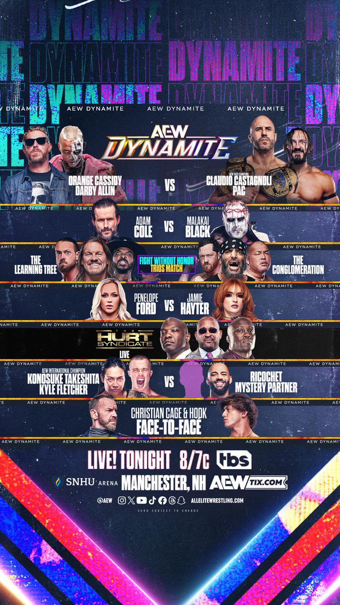 Don’t miss Wednesday Night #AEWDynamite TONIGHT!
Live at 8pm ET/7pm CT

Up NEXT On <a href="/TBSNetwork/">TBS Network</a>
TONIGHT!