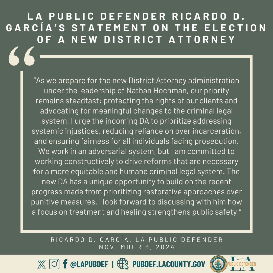 lapubdef's tweet image. LA Public Defender Ricardo D. GarcÍa (@RDG_LACPD ) has issued the following statement on the election of a new District Attorney: