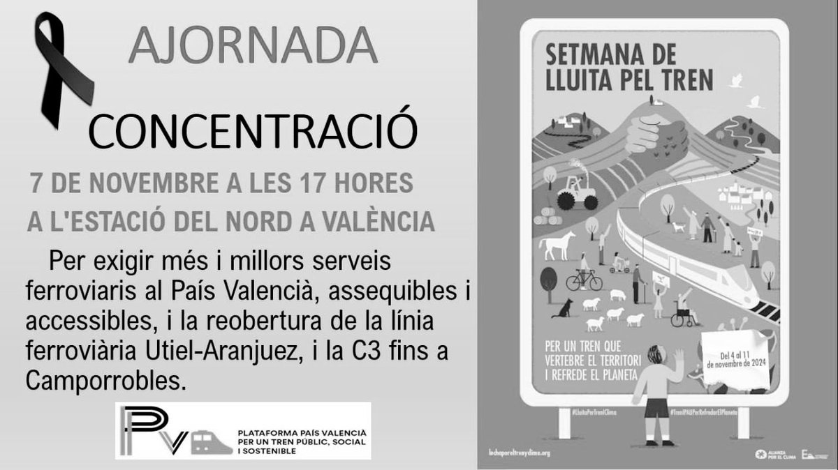 Ajornada la CONCENTRACIÓ 7N a l’Estació del Nord #València

🖤 Per dol i solidaritat amb totes les persones afectades per la #DANA (València), mortes i desaparegudes.

Tot el nostre suport i ajuda!

#TrenPúblicSocialSostenible
#PlataformaTrenPV 
#TrenIClima 🚉🌱
<a href="/coordinatren/">trensostenible</a>