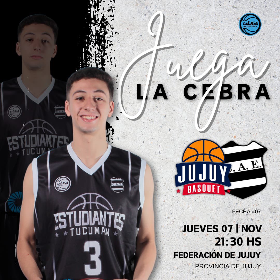 #LigaArgentina ¡Fecha 7 para la “Cebra”!💪🏼

🏀 Jujuy Basquet vs Estudiantes 🏀 

🗓️ Jueves 07
🕙 Hora: 21:30 Hs 
🏟️ Lugar: Jujuy

#VamosEstudiantes 
#VamosTucuman