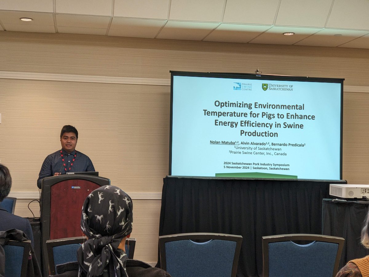 PrairieSwine's tweet photo. Congratulations to Nolan Matuba from @PrairieSwine  for winning the graduate student oral presentation at the @SaskPork Industry Symposium yesterday with his talk on optimizing environmental temperature for #pigs to enhance #energyefficiency in #swine production.

#porkproduction https://t.co/wgdViOYZIK